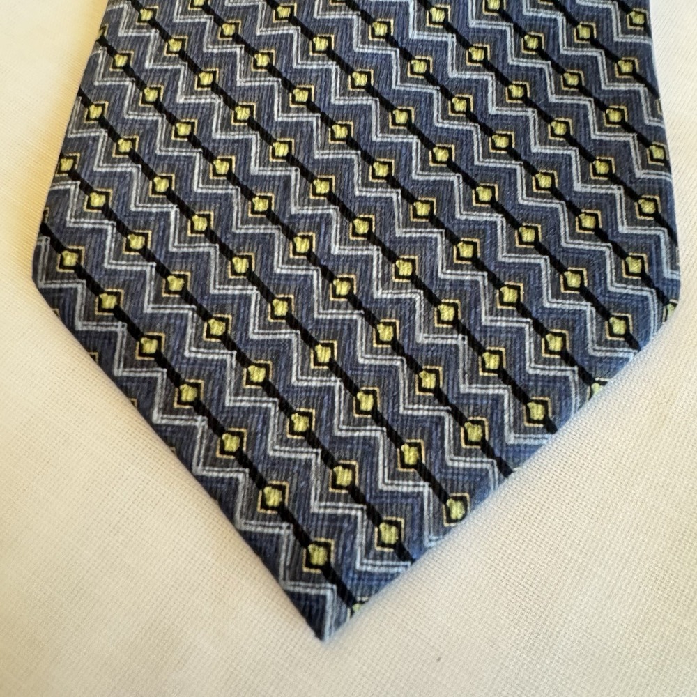 ZINC‎ Z Inc Mens Navy Blue Yellow Black 100% Silk Neck Tie 56 inch Made in Korea - Picture 2 of 6